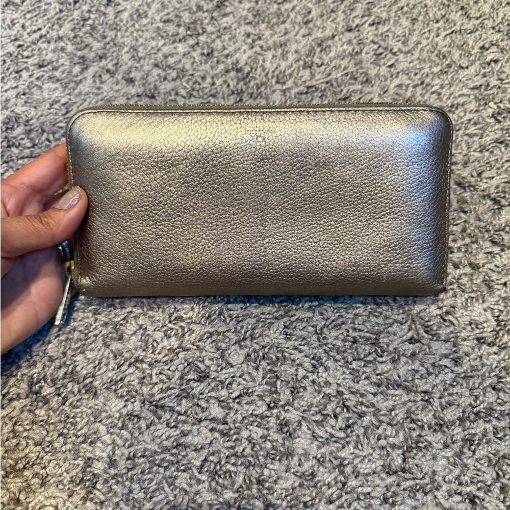 Fossil Metallic Pewter Zip-Around Leather Wallet